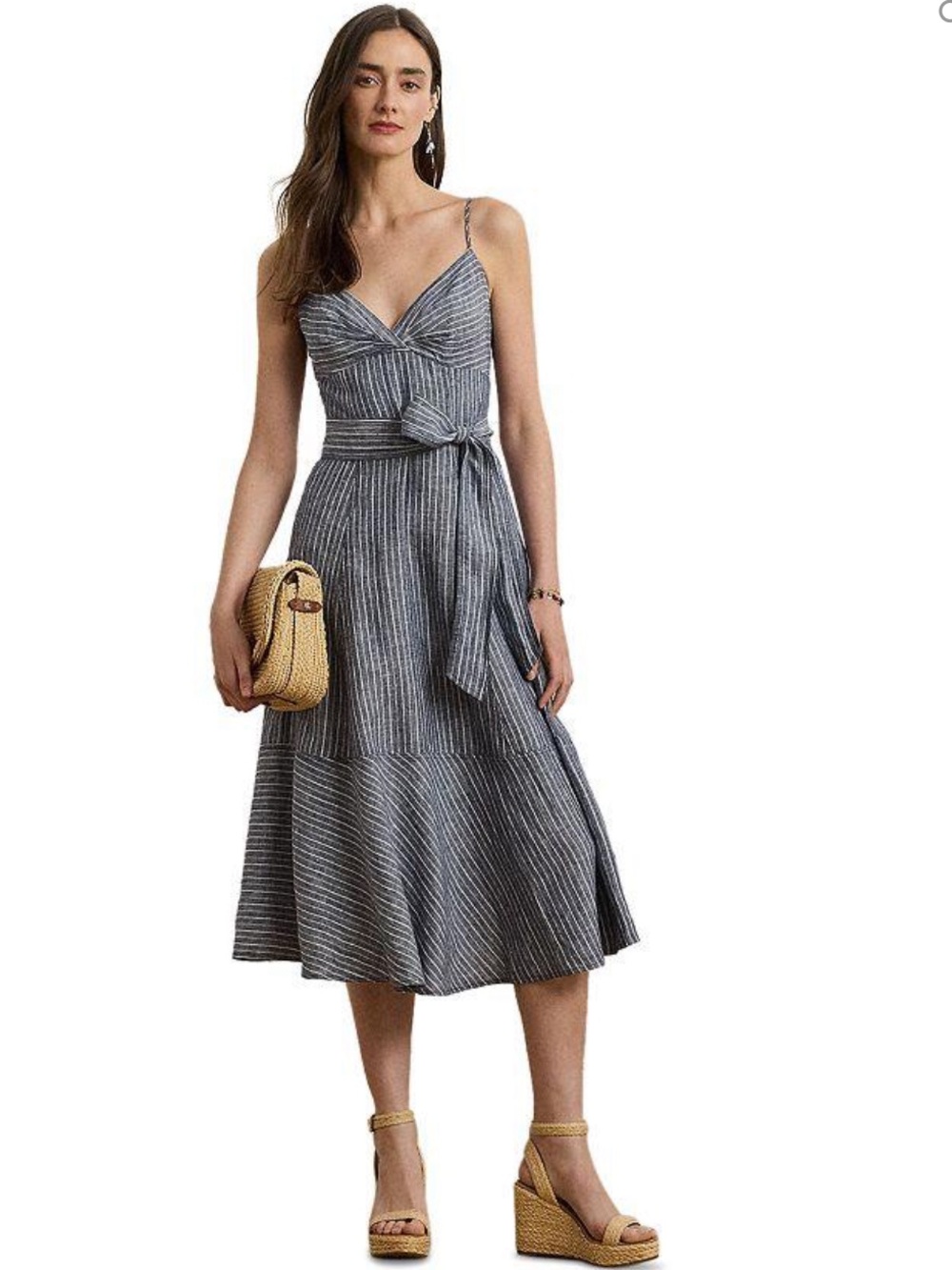 NWT Lauren Ralph Lauren Striped Belted Linen Dress Size 16